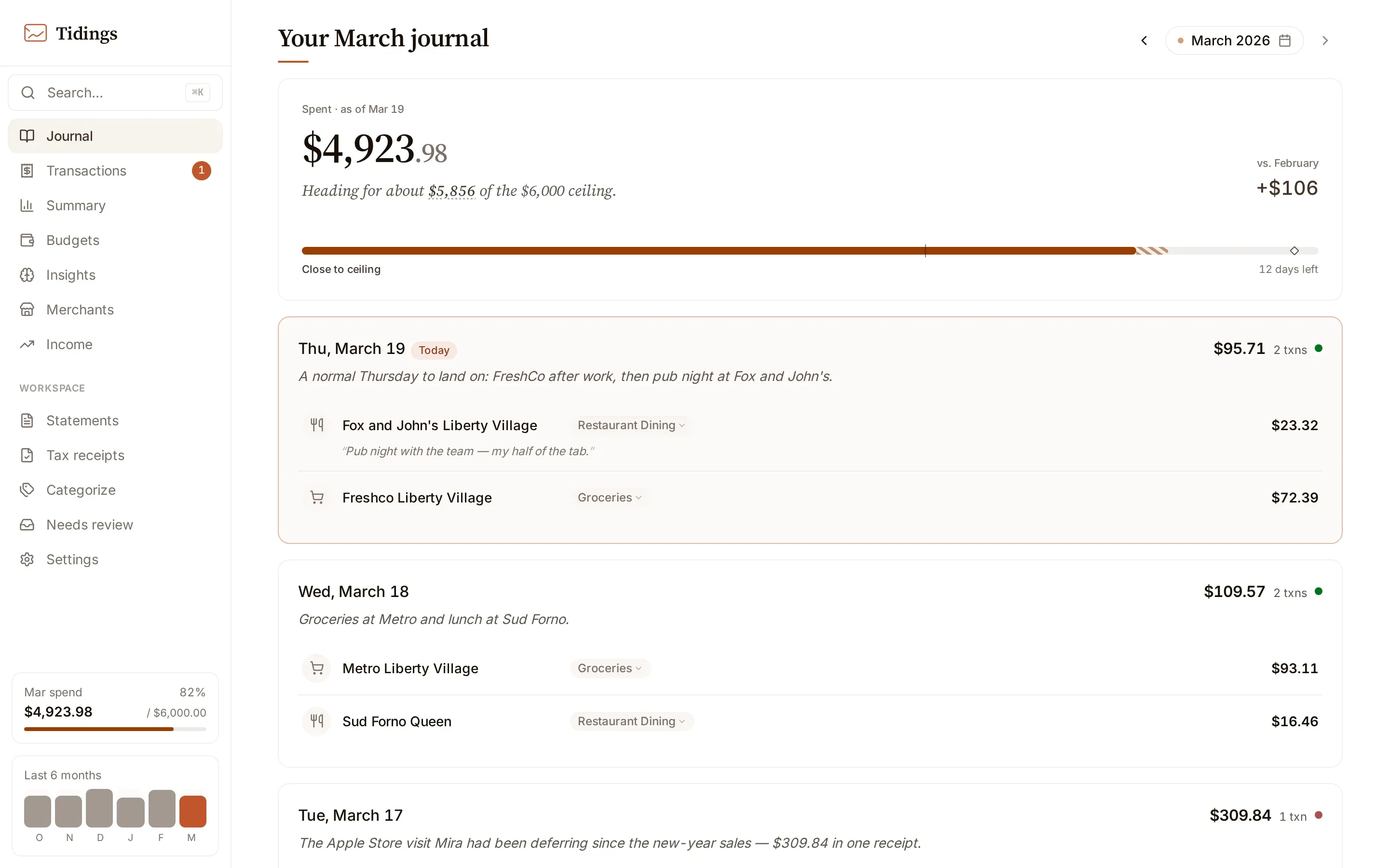 The journal showing a month of spending grouped by day, each day with its total and transactions.