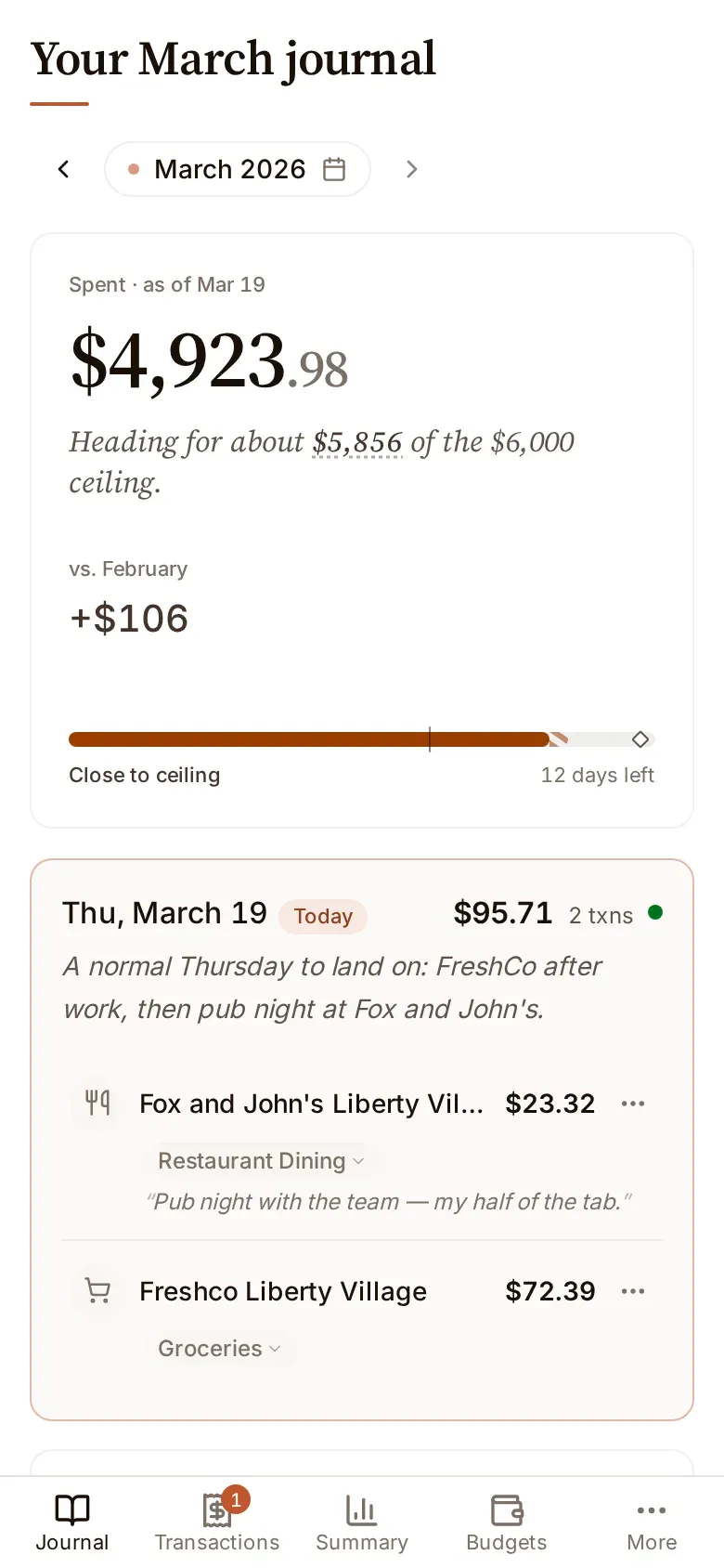 The journal on a narrow screen, one column of days with a bottom navigation bar.