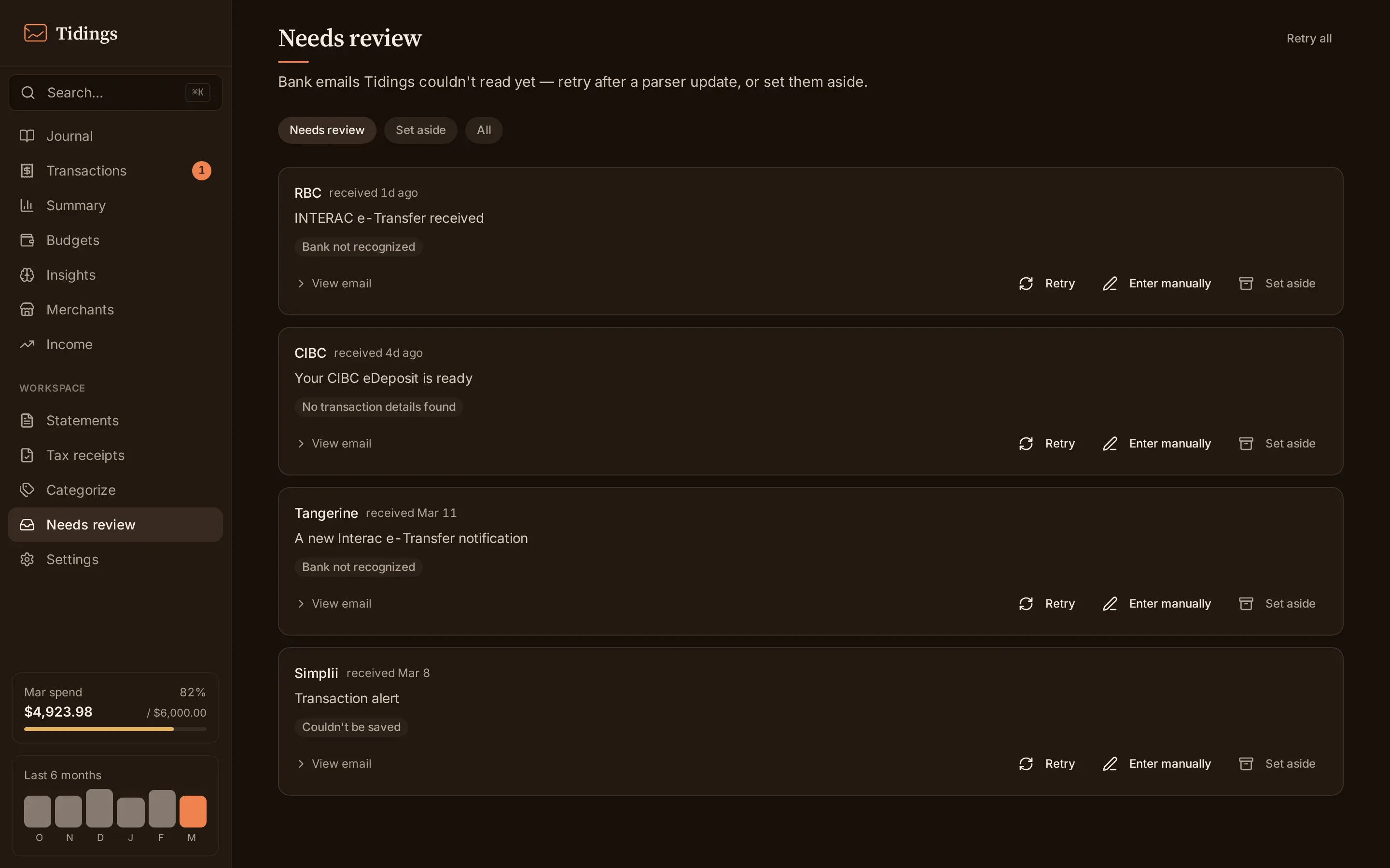 The Needs review page listing quarantined bank emails with retry and set-aside actions.