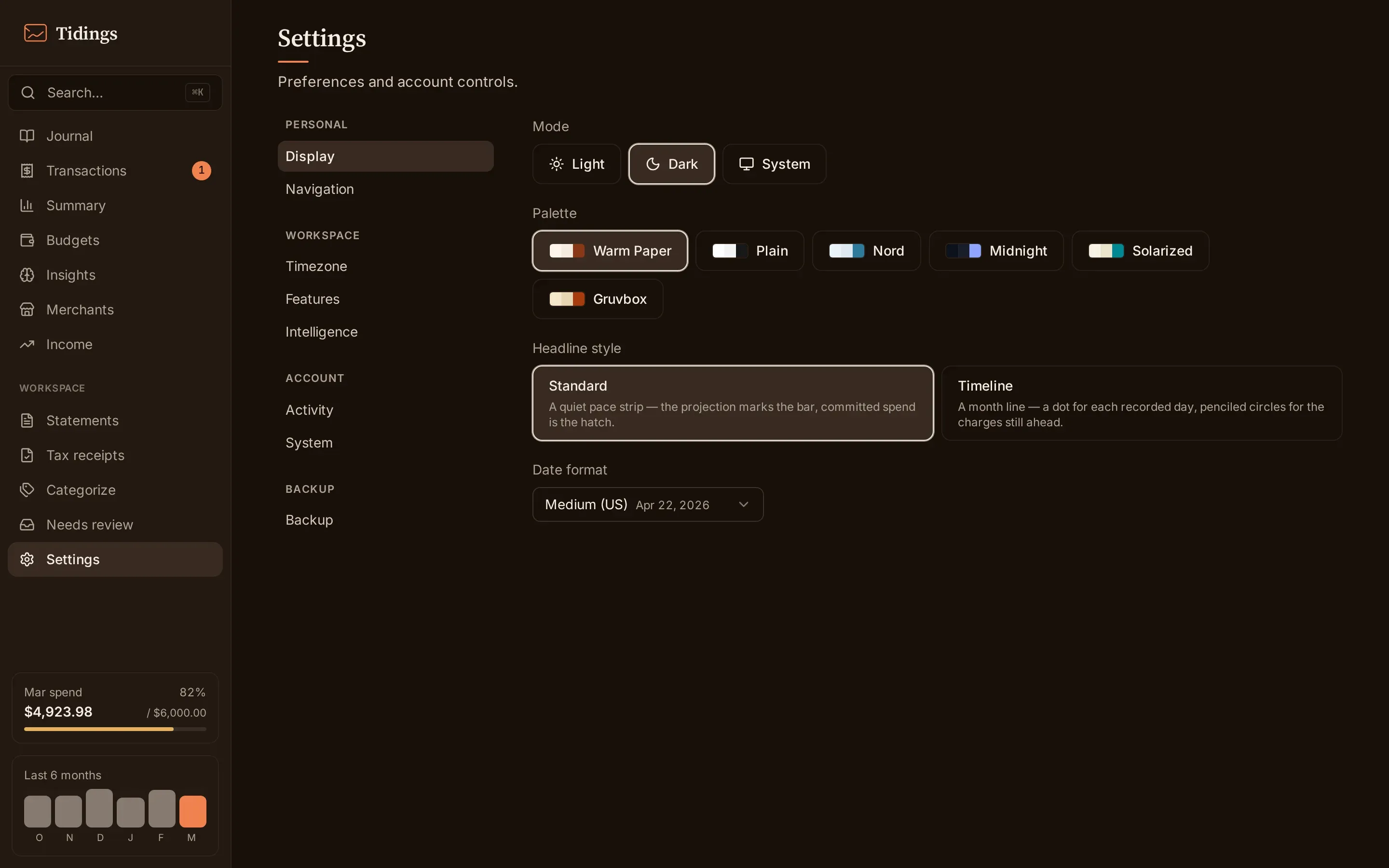 The Settings page open to the Display section, with theme mode, palette, and date format controls.
