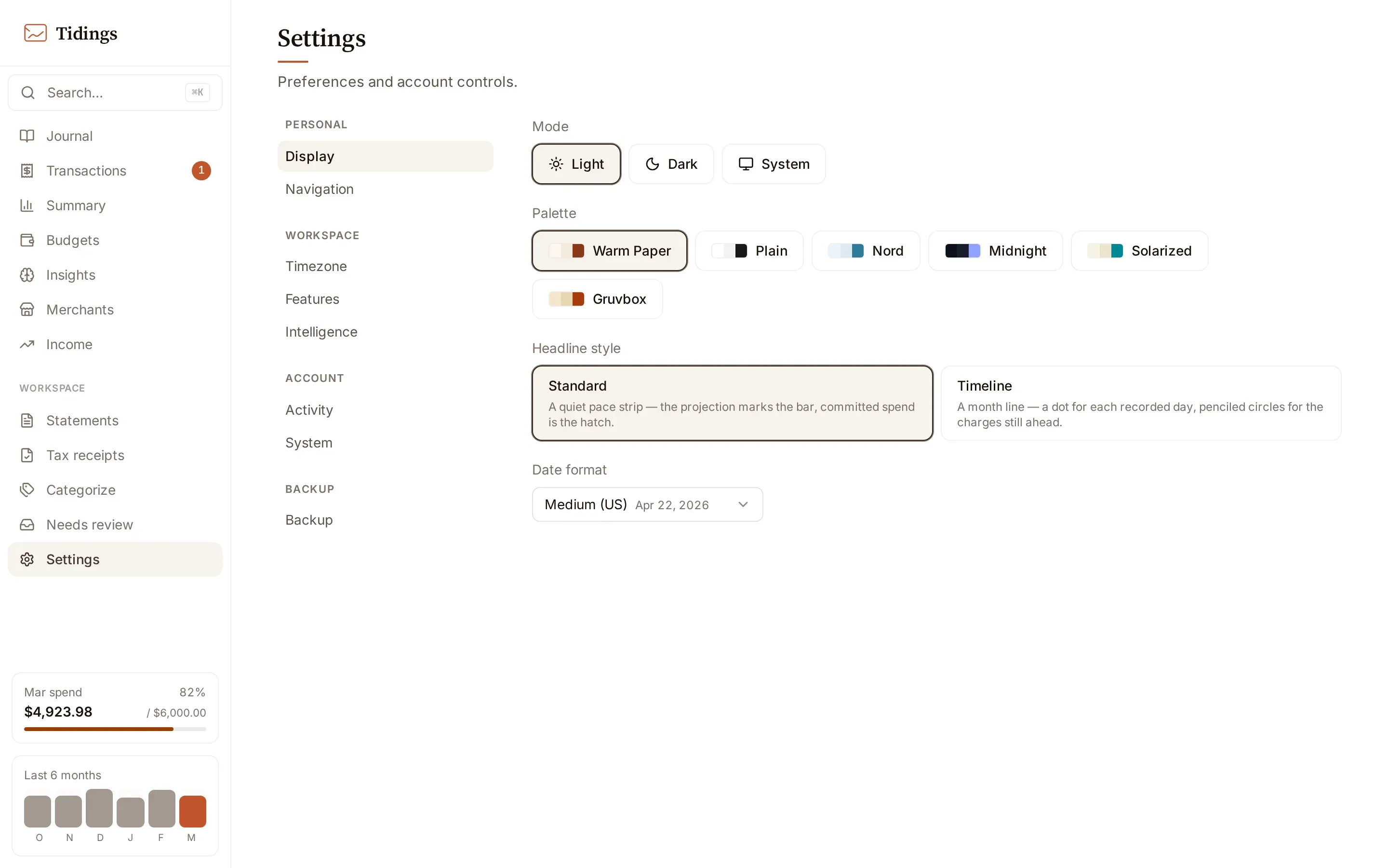 The Settings page open to the Display section, with theme mode, palette, and date format controls.